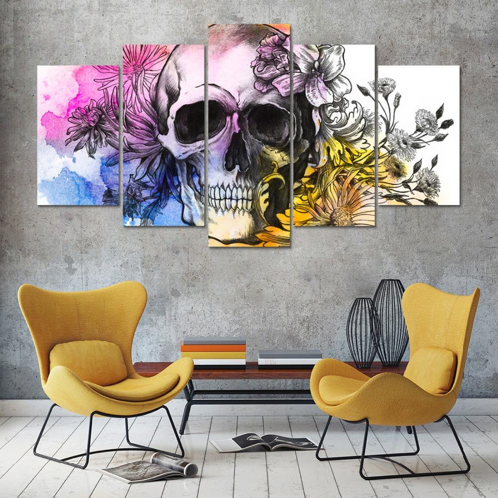 5 pcs Wall Art Skull with flowers canvas