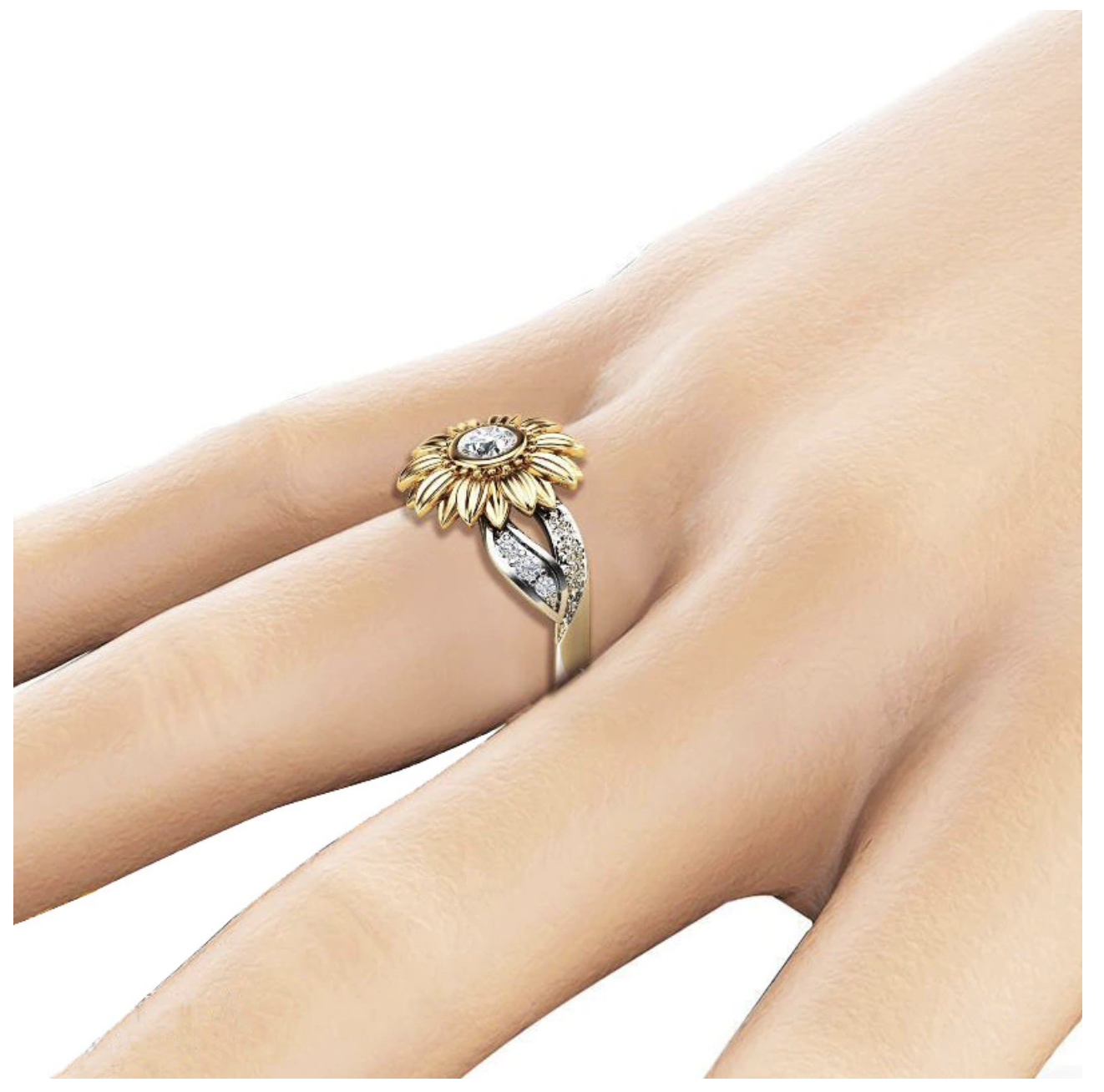EXQUISITE SILVER CRYSTAL SUNFLOWER RING